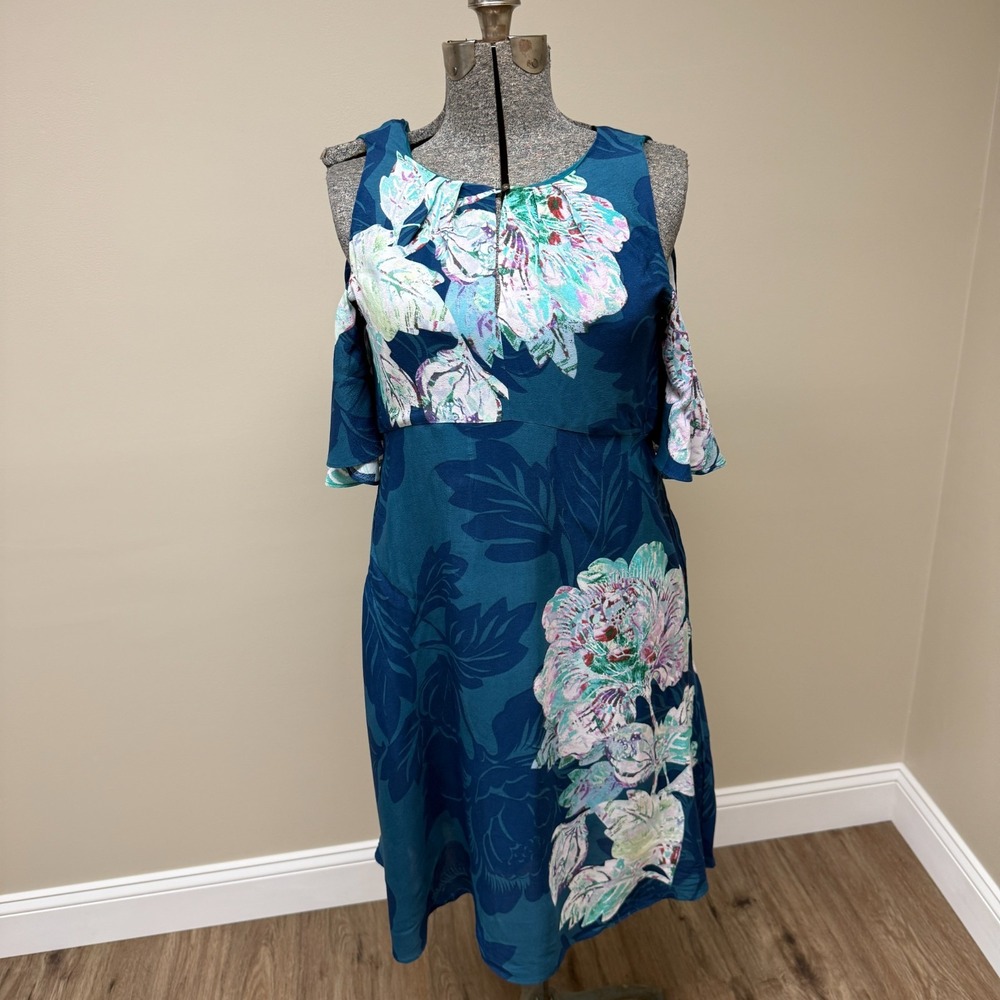 Maeve Elia Blue Floral A-Line Dress Sz 10 Teal Lined Cold Shoulder Party Romance
